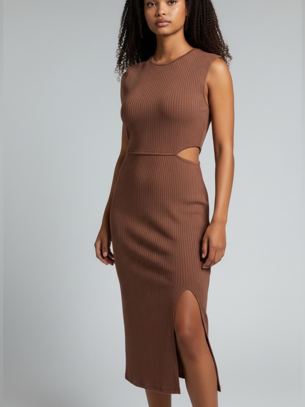 Cato Mocha Brown Ribbed Bodycon Midi Dress Side Cutout Slit Minimalist